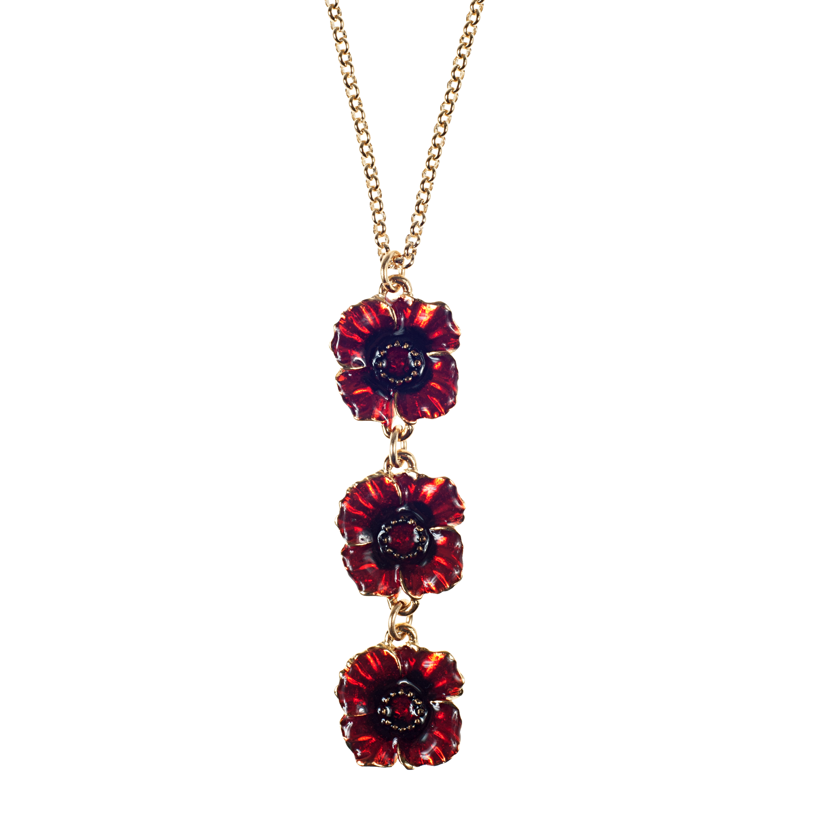3 Drop Red Enamel Poppy Chain Choker