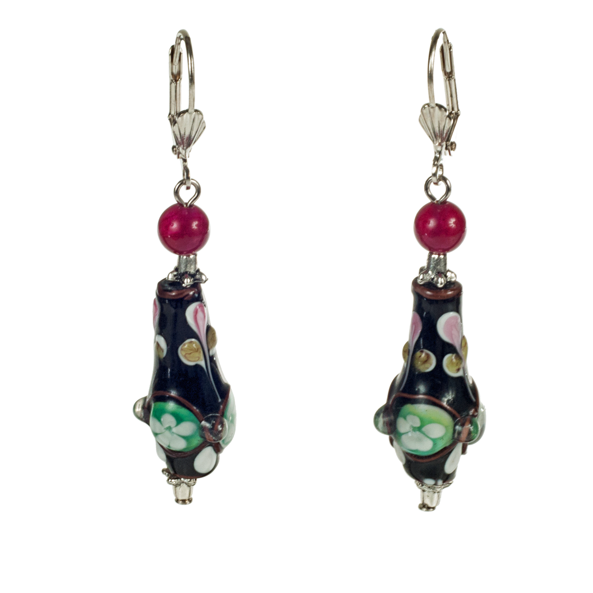 Black Lampwork Vase & Ruby Jade Drop Earring