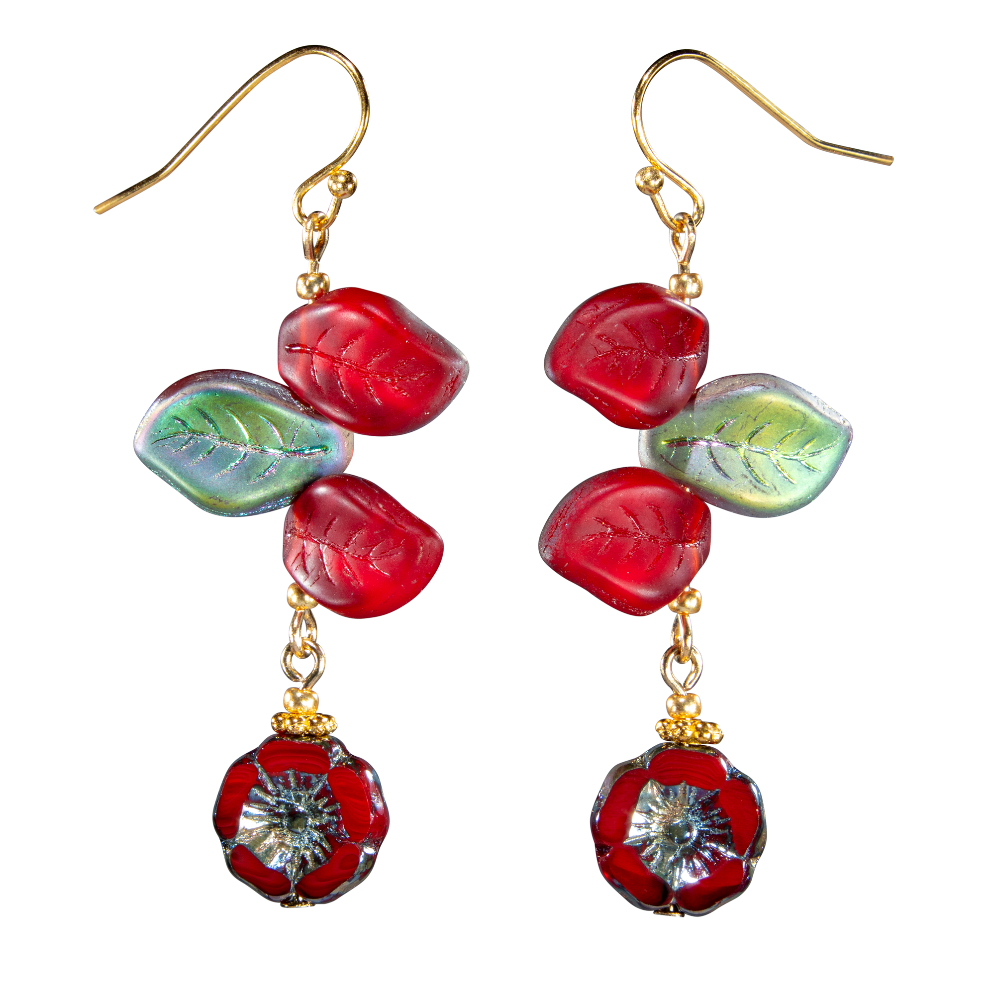 Red Bohemian Glass Wavy Leaf W/Red Glass Poppy Earring