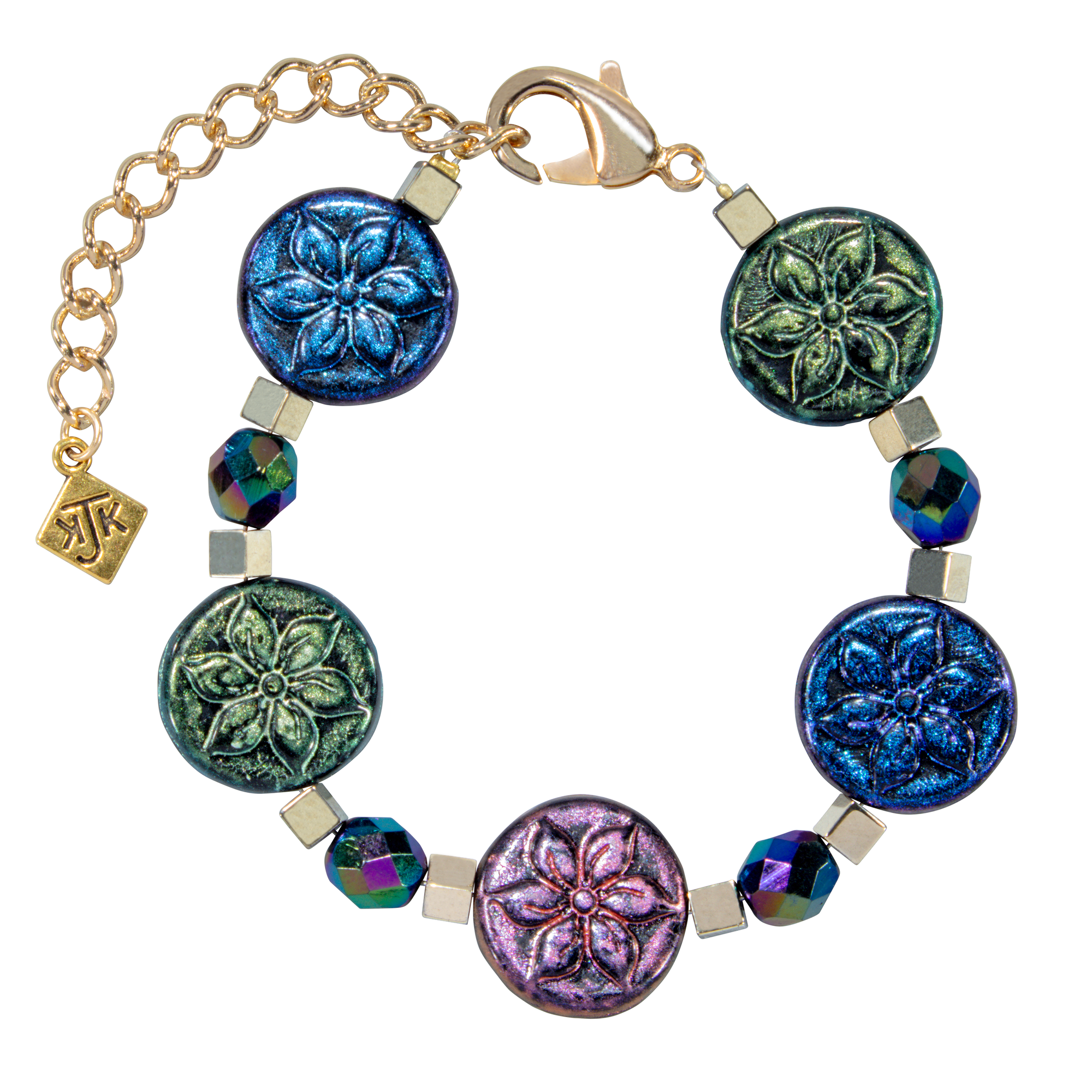 Floral Bohemian Glass Coin With Hematite And Faceted Crystal Bracelet