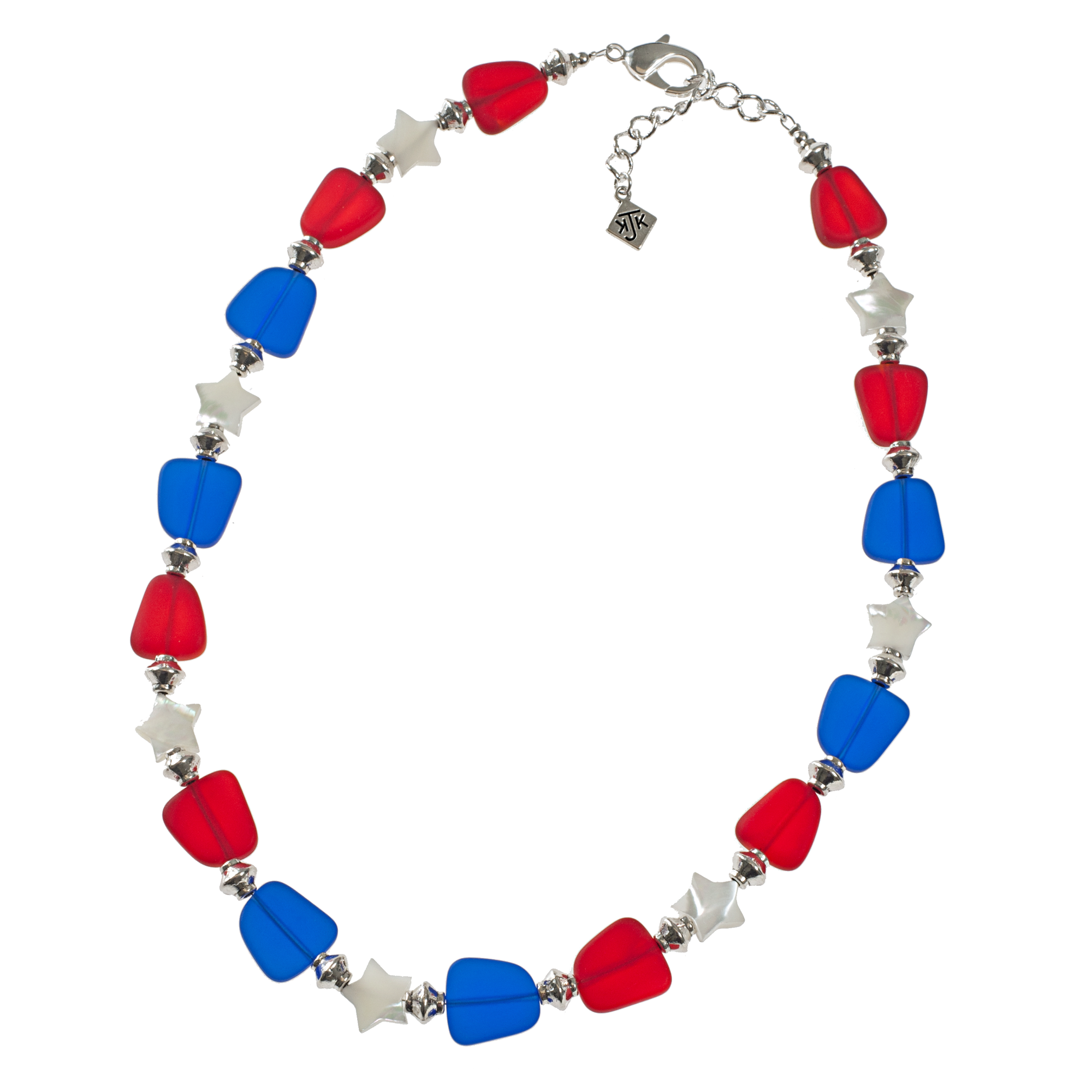 Red And Blue Frosted Glass With White Mother Of Pearl Stars Choker