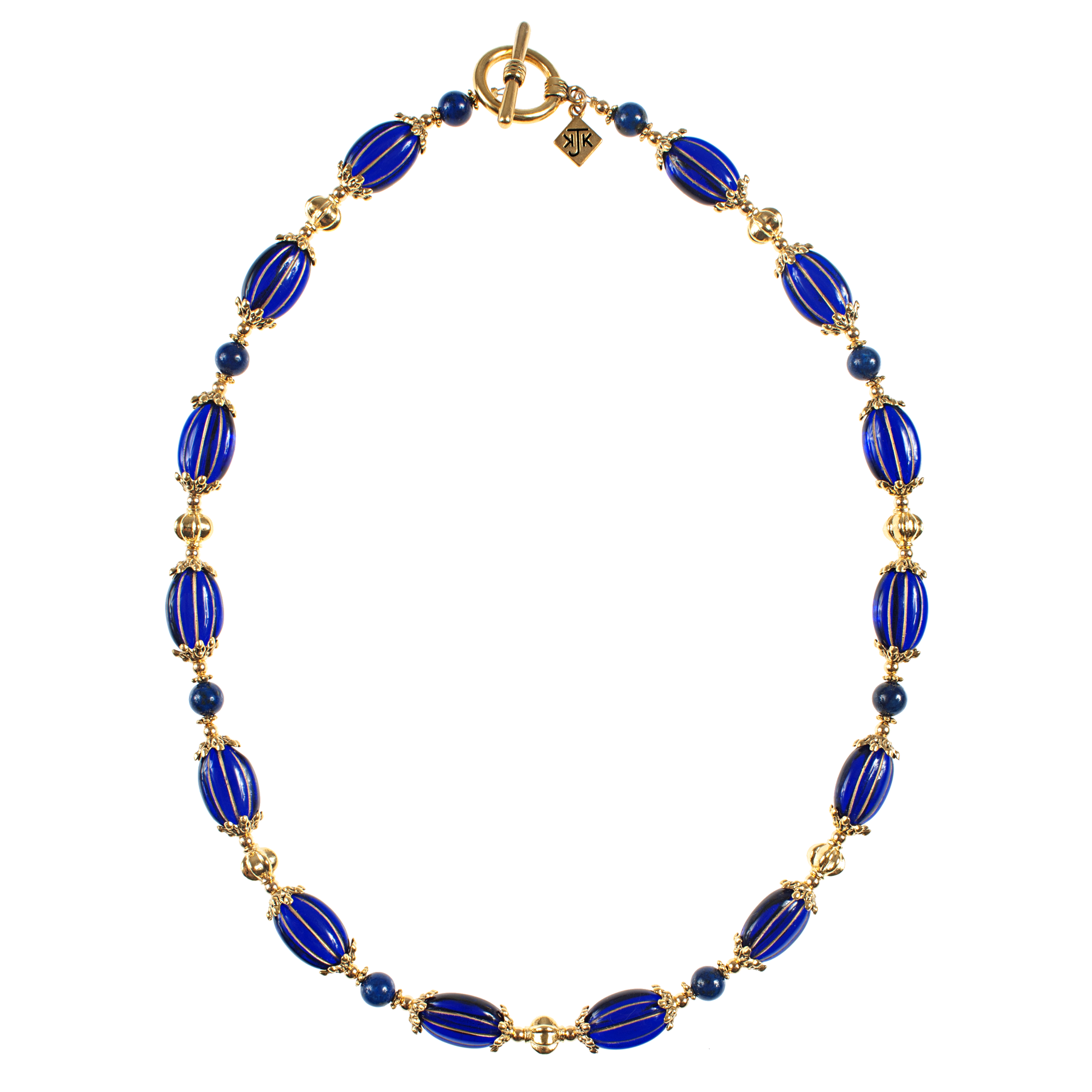 Gold Ribbed Pressed Cobalt Glass & Lapis Necklace
